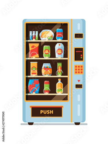 Vending machine. Snack crackers junk food soda drinks saling in vending automat vector cartoon collection. Vending automatic machine with snack and drink illustration