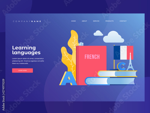 Studying of foreign language. Image of French flag, alphabet, books and silhouette of Eiffel tower. Concept of education. Title for website. Landing Page.  Vector flat image.