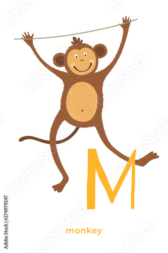 Cute cartoon monkey with the letter M. Fabulous African animal. Can be used for children s alphabets and books. Vector illustration on white isolated background.