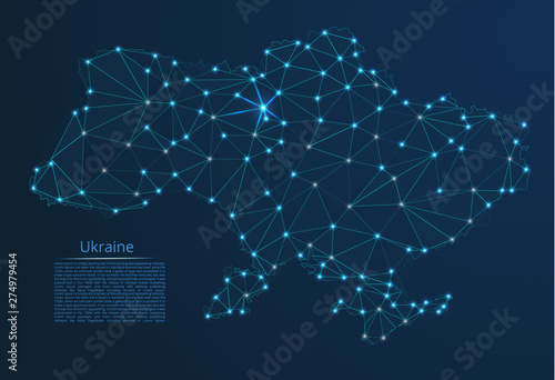Ukraine communication network map. Vector low poly image of a global map with lights in the form of cities in or population density consisting of points and shapes in the form of stars and space.