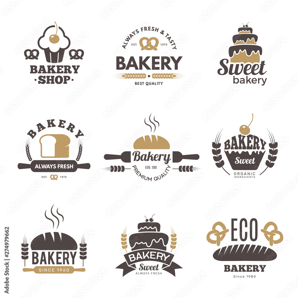 Bakery labels. Cooking symbols kitchen vector illustrations for logo  design. Bakery logo emblem, premium quality badge Stock Vector | Adobe Stock
