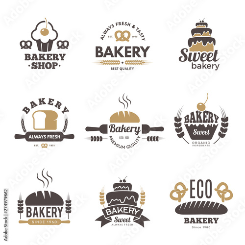 Bakery labels. Cooking symbols kitchen vector illustrations for logo design. Bakery logo emblem, premium quality badge