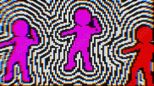 Seamless funny animation of a dancing videogame characters isolated with black and white stripes background.  Chromatic aberration screen pixel style backdrop. photo