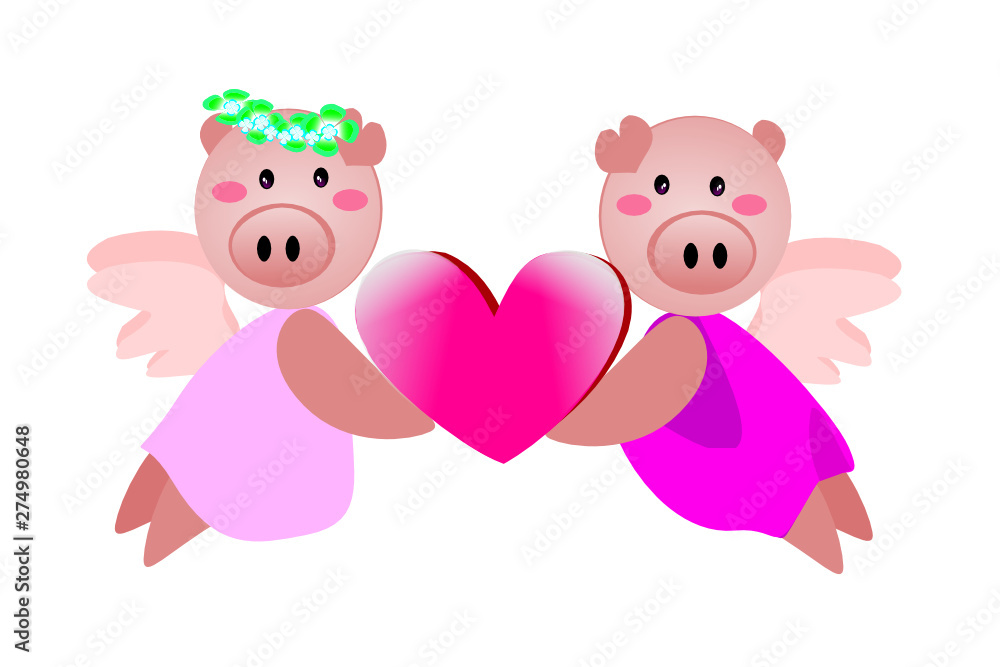 Year of the Pig and New Year 2019 and Valentine Day. Vector flat illustration for decoration. Colorful cute cartoon character. Year of the Pig and New Year 2019 and Valentine Day. Vector flat illustration for decoration. Colorful cute cartoon character.