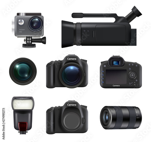Video and photo cameras. Professional dslr technic for movie and photo production lens flashes vector realistic pictures. Illustration of lens and digicam, shutter and professional camera