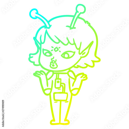 cold gradient line drawing pretty cartoon alien girl