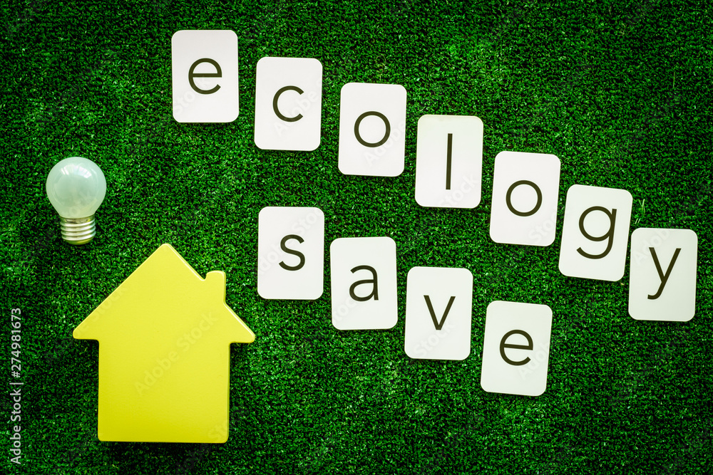 Ecology save text and house with bulb for eco friendly concept on green texture background top view