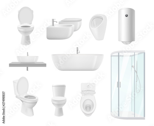 Bathroom collection. Washroom toilet sink modern white objects of bathroom vector realistic pictures. Washroom and bathroom, sink and toilet illustration