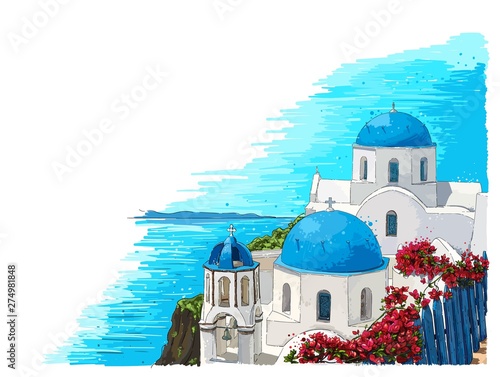 Fototapeta Greece summer island landscape with traditional greek church