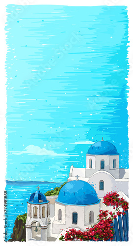 Obraz na plátně Greece summer island landscape with traditional greek church