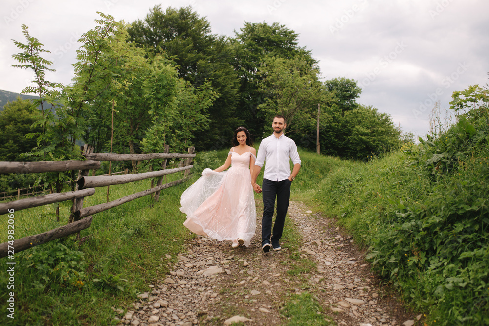 Charming bride hug her handsome groom in mountains. Beautiful wedding couple walk. Green gackground Charming bride hug her handsome groom in mountains. Beautiful wedding couple walk. Green gackground