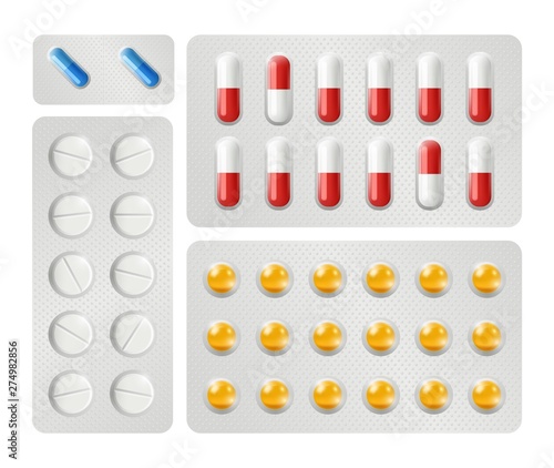 Realistic pills packing vector. Medications, drugs, vitamins isolated on white background. Illustration of tablet vitamin and pharmaceutical pill pack