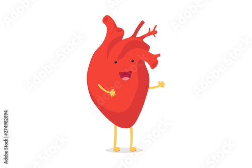 Cute cartoon smiling healthy heart character happy emoji emotion. Funny circulatory organ cardiology. Vector illustration