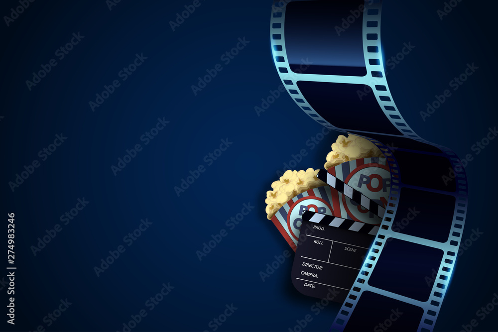 Film strip, popcorn box, clapper board on the blue background. Movie poster  template for the film industry. 3d flyer or poster festival. Cinema concept  for your design. Vector illustration EPS 10. Stock