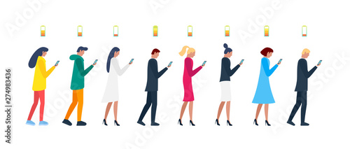 Crowd men and women walking with smartphones. Male and female characters group using mobile phones with battery charge level icons. Accumulator discharge status addiction. Vector illustration