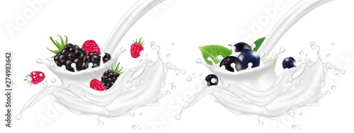 Realistic yogurt splashes with berries vector illustration. Yogurt milk with fruit, food sweet cream splash with berry