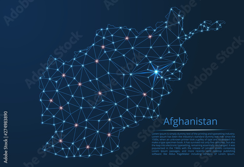 Afghanistan communication network map. Vector low poly image of a global map with lights in the form of cities in or population density consisting of points and shapes in the form of stars and space.