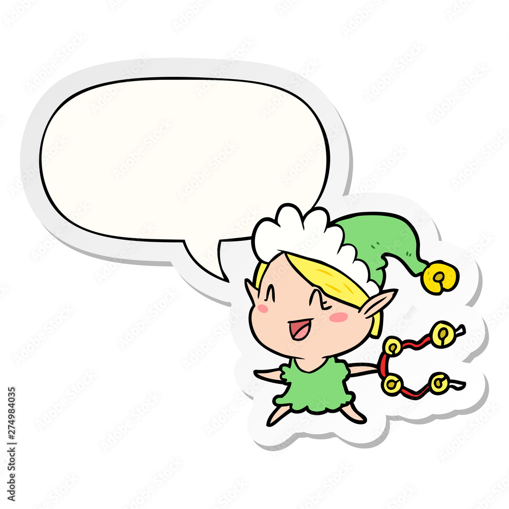 cartoon happy christmas elf and speech bubble sticker cartoon happy christmas elf and speech bubble sticker