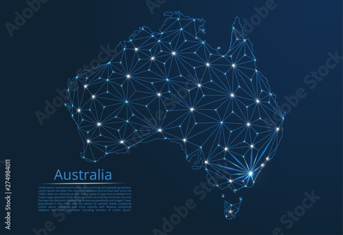 Australia communication network map. Vector low poly image of a global map with lights in the form of cities in or population density consisting of points and shapes in the form of stars and space.