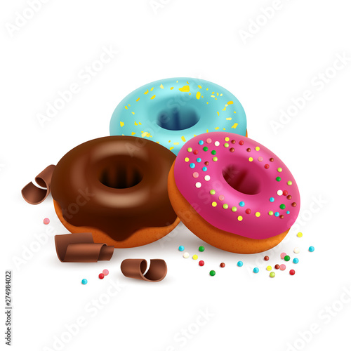 Glazed donuts with colorful bonbons and chocolate vector isolated on white background. Donut cake dessert, chocolate with sprinkles colorful illustration