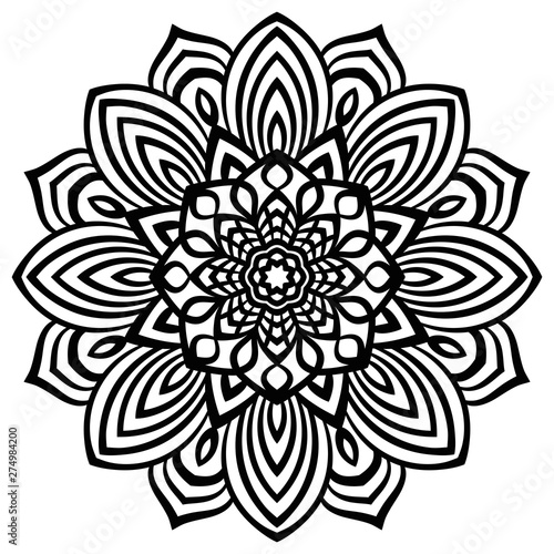 Black outline doodle chamomile flower mandala. Vintage decorative element. Ornamental round doodle flower isolated on white background. Geometric circle element. Vector illustration.
