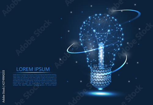 Abstract image of a light bulb of lines and triangles, dots, connecting the network on a blue background, in the form of a starry sky.