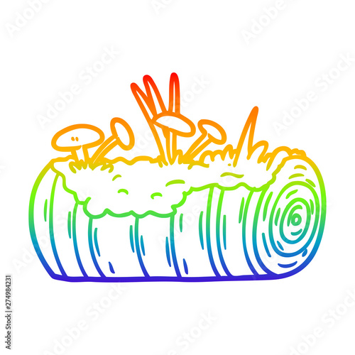 rainbow gradient line drawing cartoon old log with mushrooms
