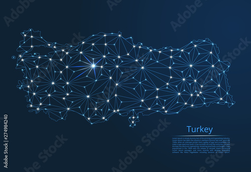 Turkey communication network map. Vector low poly image of a global map with lights in the form of cities in or population density consisting of points and shapes in the form of stars and space.