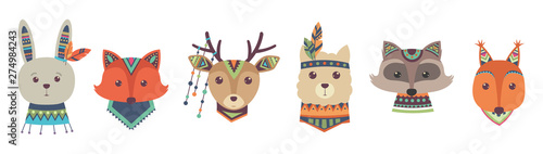 Cute tribal animal faces vector isolated on white background. Animal tribal face fox and deer, racoon and rabbit illustration