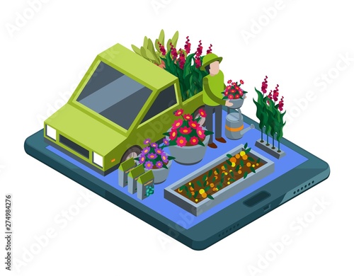 Flowers and plants online. Isometric flowers shop and plant delivery vector illustration. Business florist online store application, merchandise and delivering