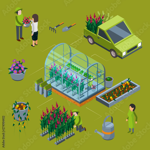 Isometric flower farm vector concept. Floristic 3D illustration. Flower bouquet in greenhouse isometry, floral business farming