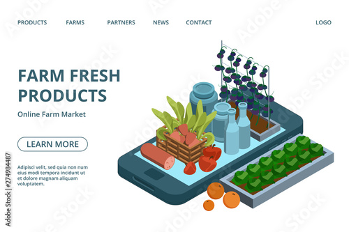 Online farm products web page template. Vector isometric organic green, fruits, dairy, meat on phone landing design. Illustration of healthy meat and milk online, shop and store page