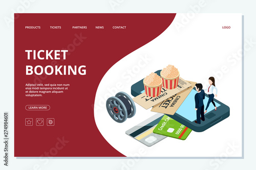 Cinema ticket booking web page template. Vector isometric cinema landing page. Illustration of booking ticket to cinema, cinematography film