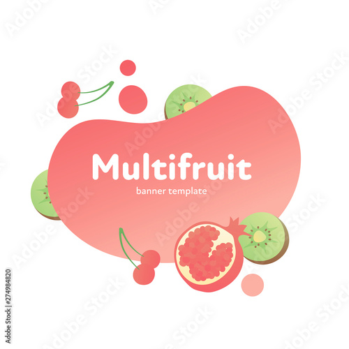 Vector multifruit modern fluid banner. Colorful gradient cherry, kiwi, pomegranate on red liquid frame isolated on white. Design illustration for eco poster, vitamin fruit menu, backdrop, poster, card