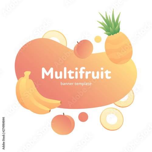 Vector multifruit modern fluid banner. Colorful gradient banana, apricot, pineapple on orange liquid splash frame. Design illustration for eco poster, vitamin fruit menu, backdrop, poster, card