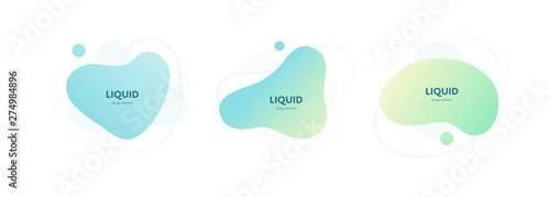 Set of vector trendy abstract amoeba banner. Pastel color cian, blue, green gradient in liquid style frame on white background. Modern design element of a poster, logo, flyer of presentation, card.