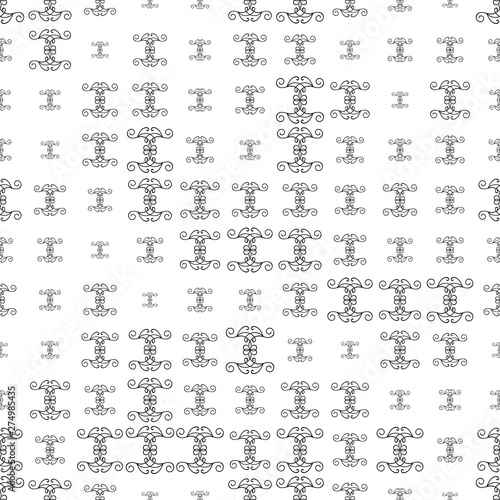 Black thin line halftone damask halftone ornament seamless pattern. Floral background of black and white baroque with curls. Vector illustration.