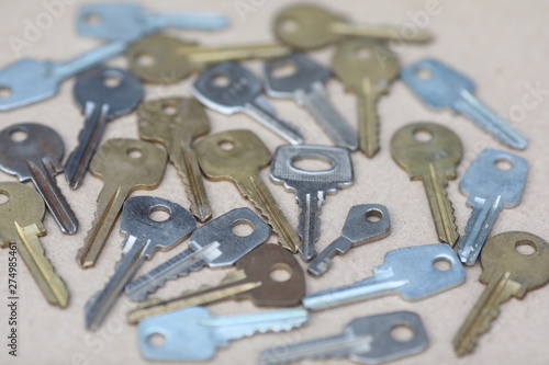 Mettalic vintage keys on the brown background, figures from keys