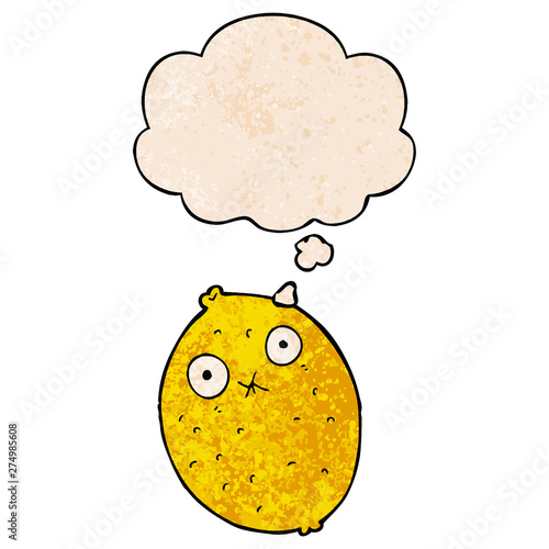 cartoon bitter lemon and thought bubble in grunge texture pattern style