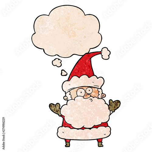 cartoon confused santa claus and thought bubble in grunge texture pattern style photo