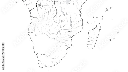 World Map of AFRICA COASTLINE and MADAGASCAR: South Africa, Rhodesia, Namibia, Kenya, Tanzania, Zanzibar, Zambezi, Zimbabwe, Madagascar. Geographic chart with oceanic coastline, islands and rivers.