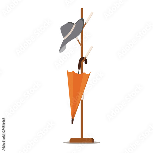 Wooden floor coat rack - hanger for cothes with hat and umbrella. Cartoon style flat design icon concept. Vector symbol, sign illustration isolated on white background. Design hallway interior element