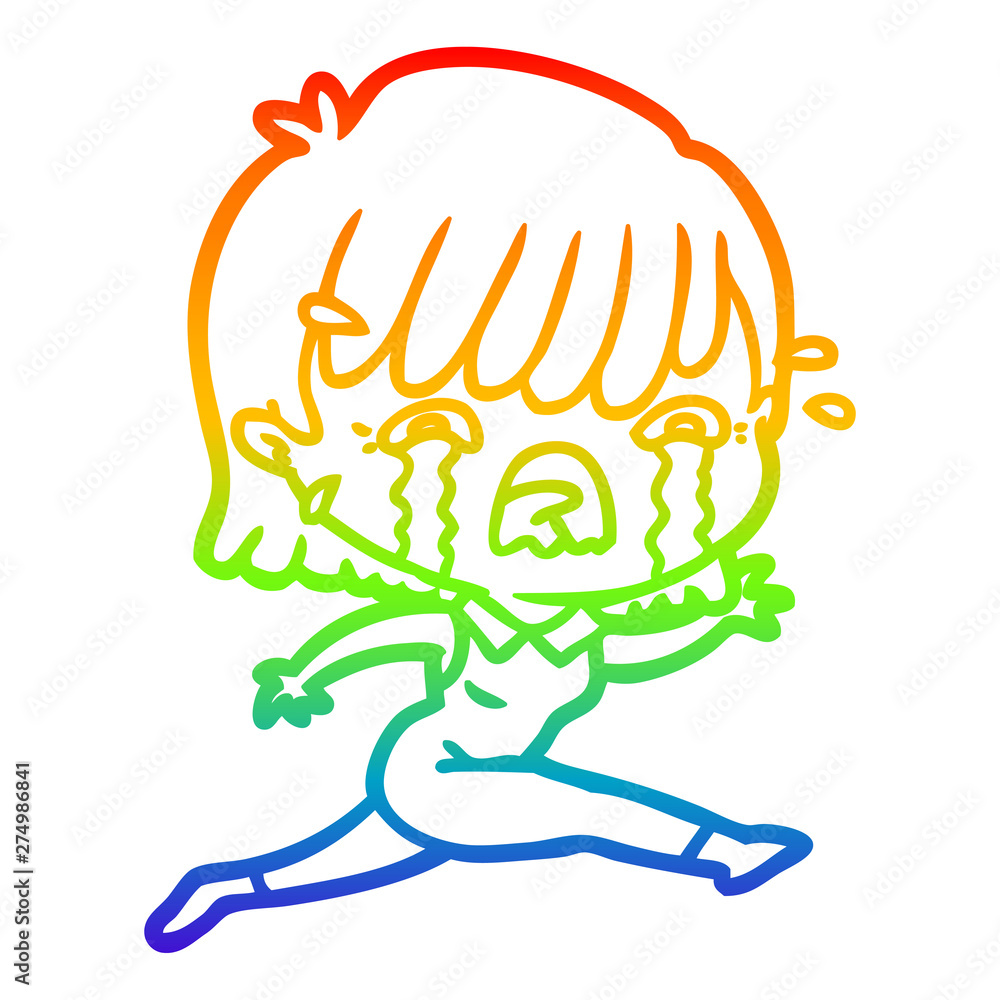 Fototapeta premium rainbow gradient line drawing cartoon girl crying