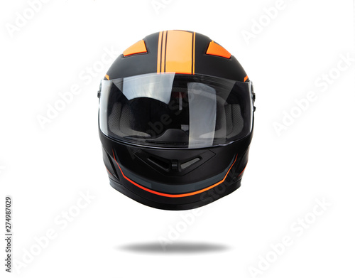 Black helmet whit orange stripes isolated on white background.
