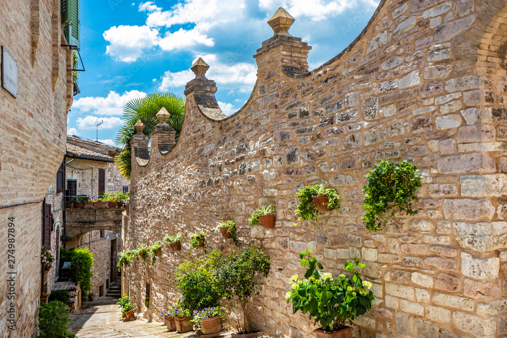 A characteristic alley of the medieval village, with stone and brick houses, plants and flowers on the balconies. In Spello, province of Perugia, Umbria, Italy.