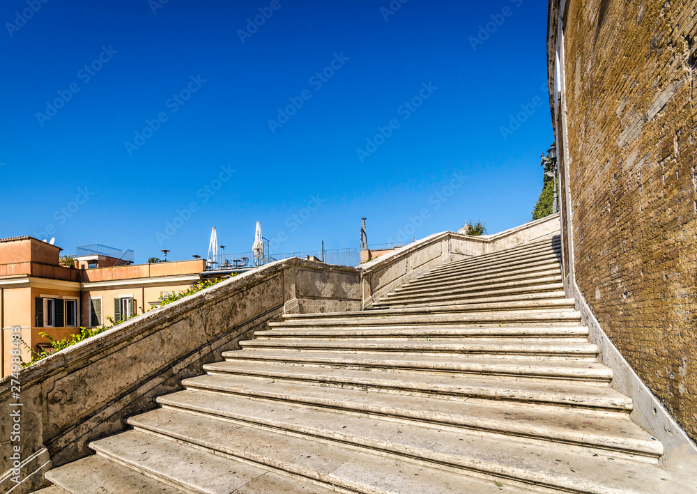 Wide angle view of the steep slope Spanish Steps in Rome, Italy with copy space