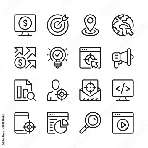 SEO line icons set. Target marketing. Modern graphic design concepts, simple outline elements collection. Vector line icons