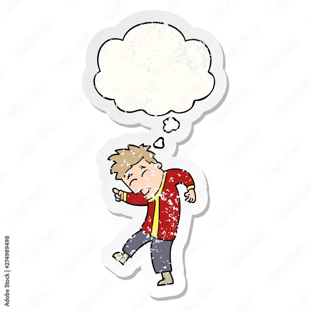 cartoon dancing man and thought bubble as a distressed worn sticker cartoon dancing man and thought bubble as a distressed worn sticker