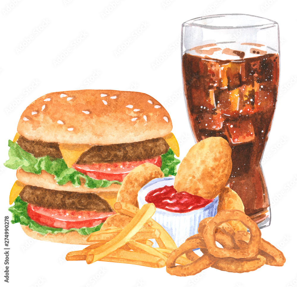 Φωτογραφία Fastfood set, hamburger, nachos, onion rings, french fies, cola, chicken nuggets