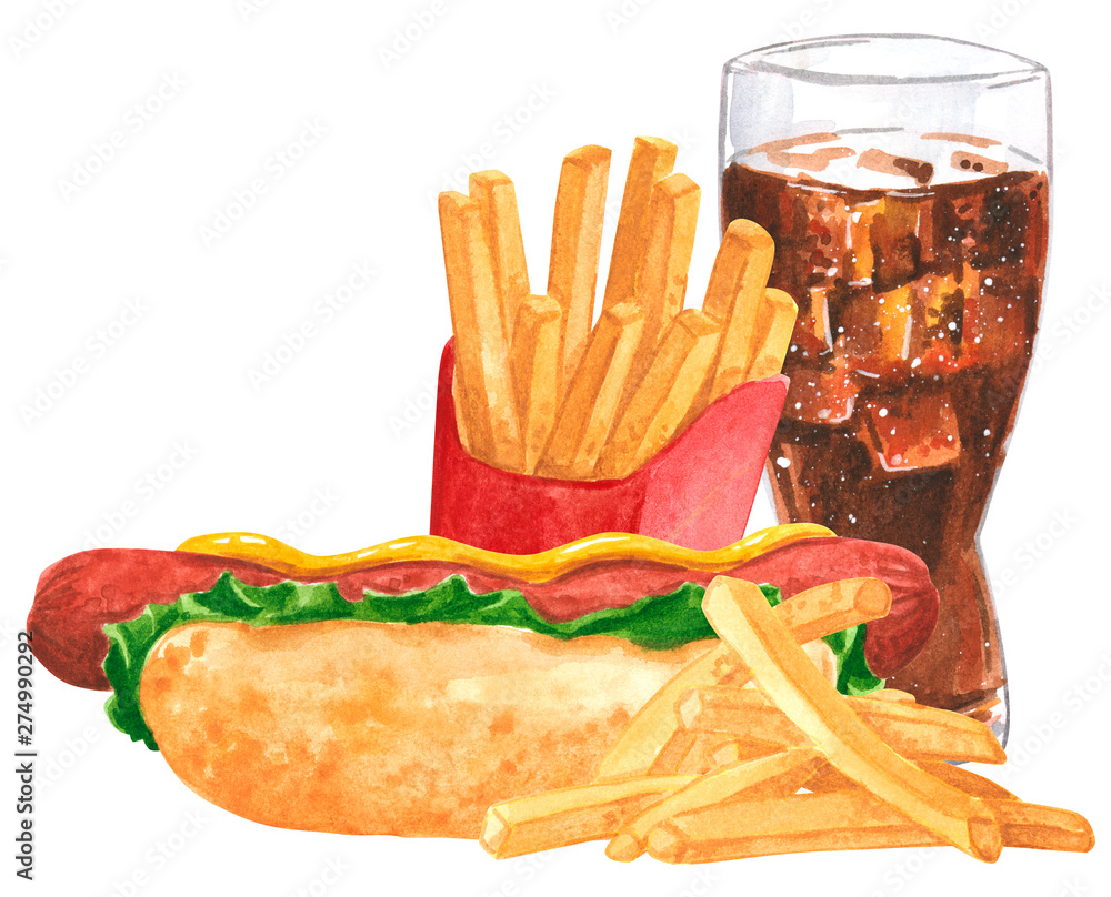 Φωτογραφία Fastfood set, hot dog, mustard, ketchup, french fies,cola, hand drawn watercolor